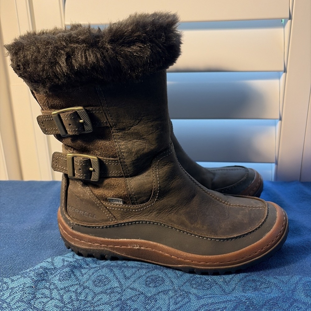 Merrell Decora Chant Winter Boots Women's Brown Leather Buckles Side Zip Sz 7.5